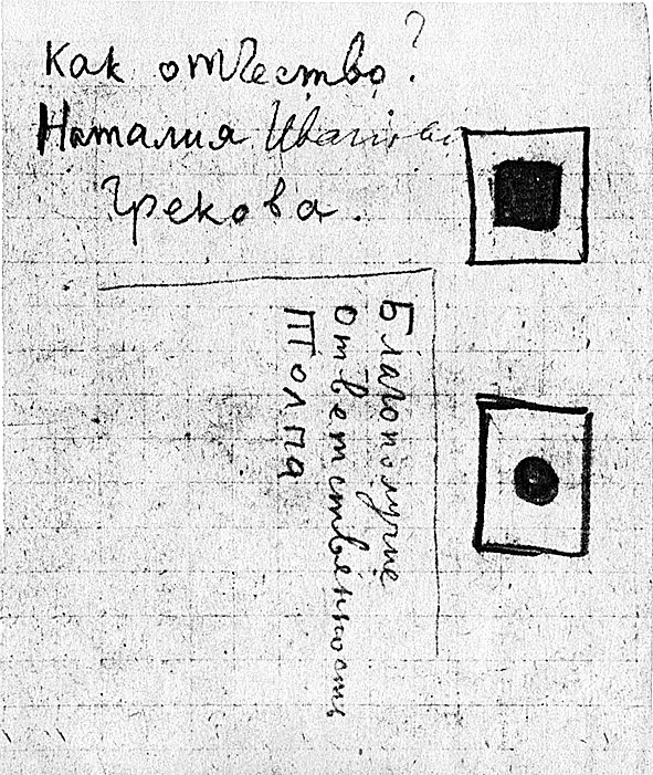 Лист из записной книжки Даниила Хармса со схематическим изображением картин Казимира Малевича, апрель — май 1933 г.